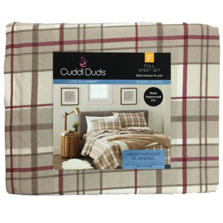 QUEEN Cuddl Duds RED KHAKI PLAID Warm Heavy Flannel Sheet Set 17" depth QUEEN Cuddl Duds RED KHAKI PLAID Warm Heavy Flannel Sheet Set 17" depth